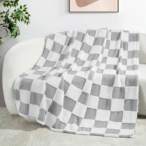 Exclusivo Mezcla Checkered Throw Blanket, Super Soft and Warm Fluffy Fleece Blanket for Couch, Sofa, Bed, Cute Plaid Pattern, Light Grey, 127x152 CM