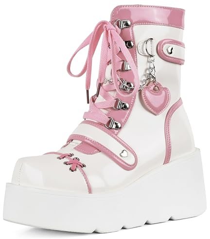 Accloris Pink Platform Ankle boots for Women Goth Rave Boots Kawaii Shoes High Heel Round Toe Zipper Wedges Mid Calf Booties