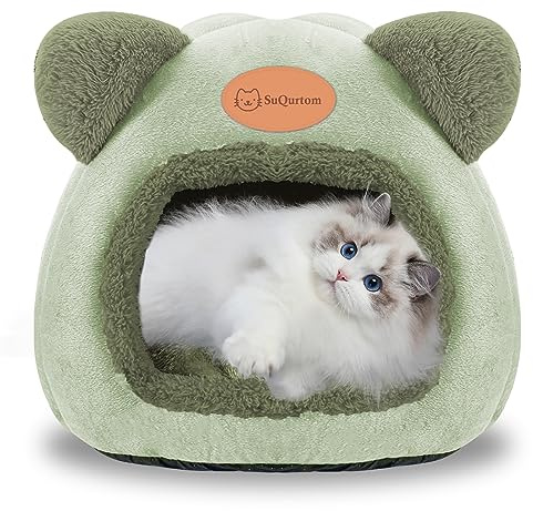 Cat Cave Bed Igloo, Small Cat Tent Bed House, Foldable Comfortable Pet Cat Bed, Warm and Comfortable Cats Sleeping Cave House for Cats, Kittens, Indoor(Green, 36x36x36cm)