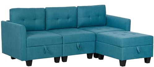 HOMCOM Convertible Modular Sectional Sofa with Storage, Tufted 3 Seater Sofa Set, L Shaped Couch with Ottoman, Wood Frame for Living Room, Light Blue
