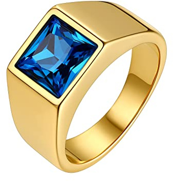 Bestyle Anillo de Sello Cuadrado Hombre Ancho 8mm Piedra Negro/Azul | Acero Inoxidable Personalizados Anillos para Mujer Hombre Tamaño 14.5-32.5