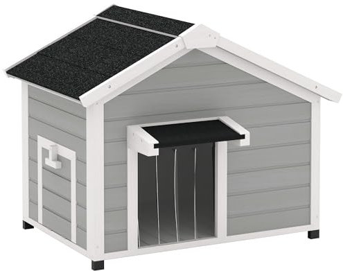 PawHut - Casero para perro al aire libre de madera maciza, casa de perro con techo de asfalto abierto, suelo extraíble, patas elevadas, cortina de puerta, gris claro