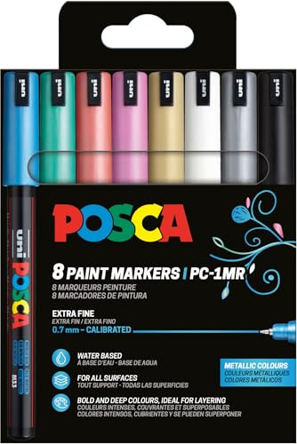 Posca 181757 Marker Set, 8 Metallic PC-1MR Acrylic Pens, Permanent Marker 0.7mm Round Tip