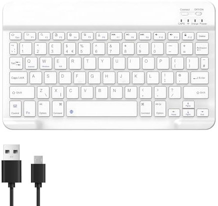 Teclado Bluetooth, teclado inalámbrico ultrafino con tecla silenciosa, recargable USB-C con teclas de acceso rápido multimedia, compatible con iOS, Mac, iPad, Windows, diseño del Reino Unido, ligero y
