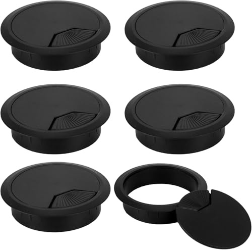 8 Pack 60mm Plastic Desk Cable Grommets, Black Wire Organizer Caps, Round PC Computer Port Cable Hole Cover Plug Bushings, Perfect for Hide Data Cords in Office Desk, TV Stands, Tabletops and More