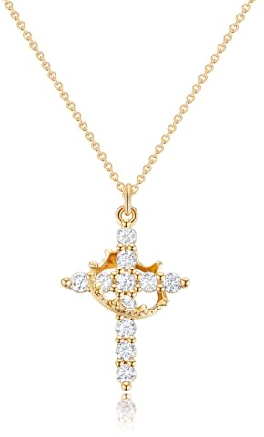 Tewiky Cross Necklace for Women, Silver/Gold Cross Pendant Necklace | Crown Cross Necklace Hypoallergenic Lightweight Comfort Design For Daily Wear Baptism Christian Events Ideal Thoughtful Gift