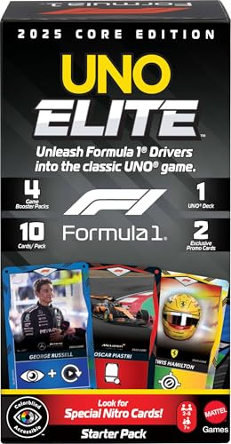Mattel Games - UNO Elite Formula 1, versione speciale del gioco con Carte Azione Elite e regole speciali, 4 Game Booster Pack e 2 Carte promozionali inclusi, 7+ anni, JLV42