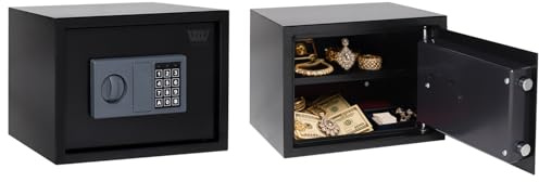 WestWood Petit coffre-fort en acier avec serrure à clé et serrure à code, avec étagère, étanche, ignifuge, coffre-fort pour la maison, le bureau, l'hôtel, 16,9 L