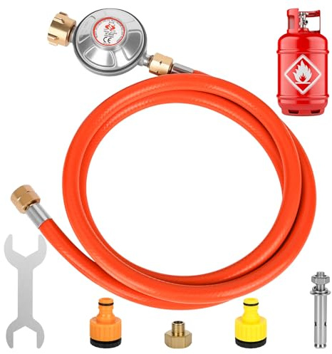 Rzspher Gastryckregulator 50 mbar, 150 cm gasslang, 1/4 tum -19 LH utvändig vänstergänga, gas lågtrycksregulator tryckregulator för gasgrillar för camping, picknick och grillfester (Orange +