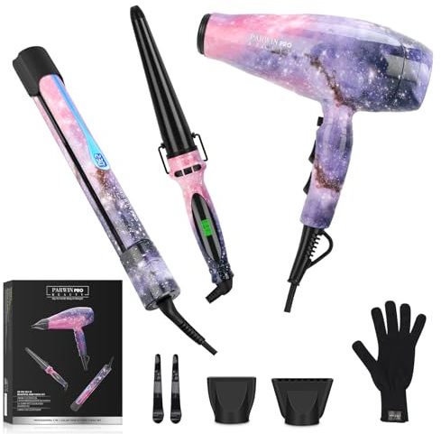 PARWIN PRO BEAUTY Sèche-cheveux 3 en 1 - Fer à lisser - Fer à friser - Sèche-cheveux ionique - Fer à lisser - Fer à friser conique - Coffret cadeau pour femme - Motif étoile galaxie