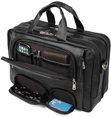 Nappa Leather Briefcase for Men Large Business Travel Messenger Tote Bag 17'' Laptop Bag with YKK Zippers (Black)