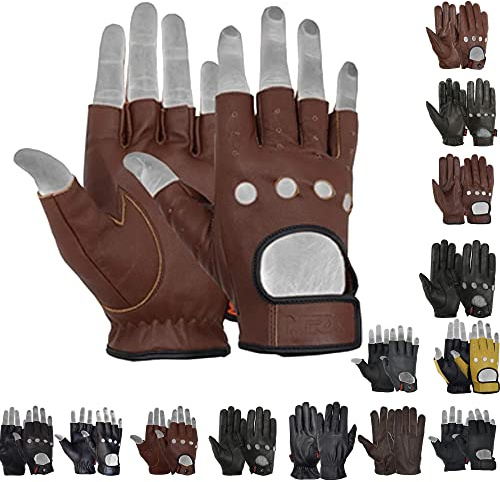 MRX BOXING & FITNESS Mens Driving Gloves Basic Soft Goat Leather Fingerless Breathable Biker Motorcycle Riding Cycling Shooting Button Gloves Half Finger, Brown (Small)