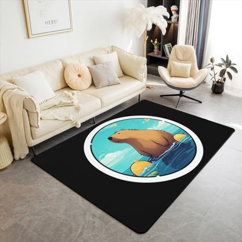 Erosebridal Kawaii Capybara Area Rug 5x7 for Living Room Bedside, Rodent Animal Washable Rug, Cute Capybara Basking in The Sea Carpet Non Slip, Cartoon Animal Theme Indoor Floor Mat, Non Shedding