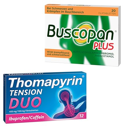 Buscopan® Dragées (20 Stück) bei Bauchschmerzen und Thomapyrin® TENSION DUO bei Kopfschmerzen (12 Stück)
