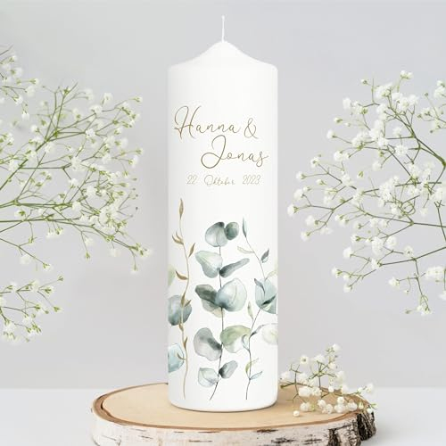 Wandtattoo Loft Hochzeitskerze personalisiert mit Namen und Datum, Motiv mit Eukalyptuszweigen, 25cm x 7cm, personalisierte Traukerze, Hochzeit Kerze selbst gestalten, Hochzeitsgeschenk, Valentinstag