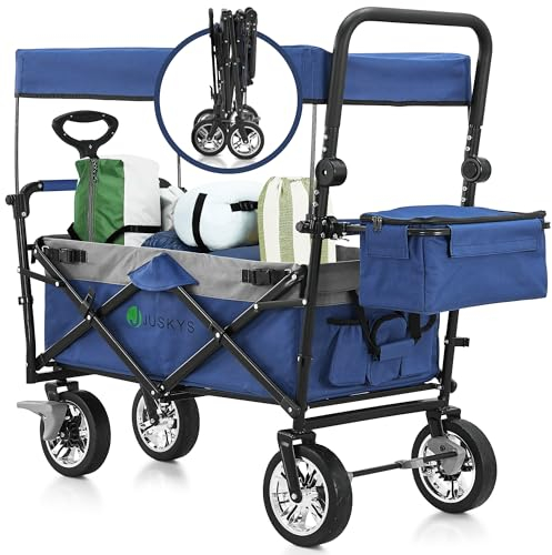 Juskys Bollerwagen mit Dach & Tasche - Wagen bis 120 kg belastbar - Handwagen faltbar zum Schieben & Ziehen - Klappbollerwagen Blau/Grau