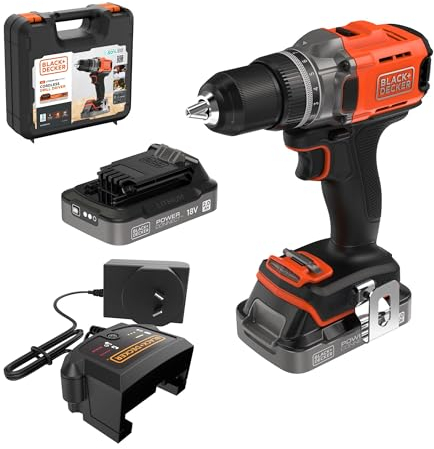 BLACK+DECKER Trapano avvitatore a batteria da 18 V, coppia massima di 45 Nm, 2 batterie da 2,0 Ah, caricatore da 1 A e kitbox, BCD382D2XK-QW