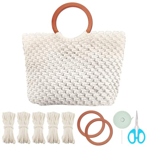 WEBEEDY DIY Macrame Bag kit for Adults Beginners Boho Handbag Making Set Tote Bag with Wooden Bag Handles and Instruction,DIY Macrame Purse Kit for Women Holiday Summer Beach Decor Gift (Beige)