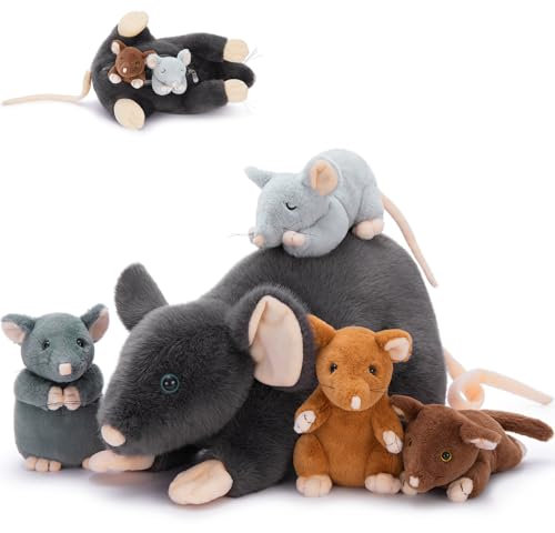 MorisMos 5 stücke Maus Kuscheltier XXL Set, 40cm lang Maus Kuscheltier mit 4 Baby im Bauch, groß Ratte Plüschtier Stofftier, Mouseteddy Geburtstag Weihnachten Geschenk für Kinder