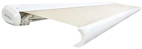 INTELROLL INT500 FULL Cassette Retractable Awning Canopy 4.5m x 3m / 14’9″ x 9’10” for Garden Patio or Shop Front LED Remote WHITE Frame CREAM Desert ACRYLIC 320gsm Fabric