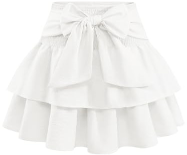 Timormode Women's Bow Mini Skirt Flowy High Waisted Ruffle Hem Short Skirts Cute Boho A-Line Layered Beach Skirt