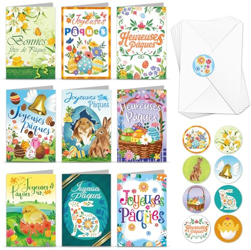 DPKOW Joyeuses Pâques Carte de Vœux avec Enveloppe Autocollants, 9 x Cartes de Pâques en Français, Heureuses Pâques Postales Cartes Oeufs de Pâques Cloches Lapins Lys Fleurs Pâques Poussins