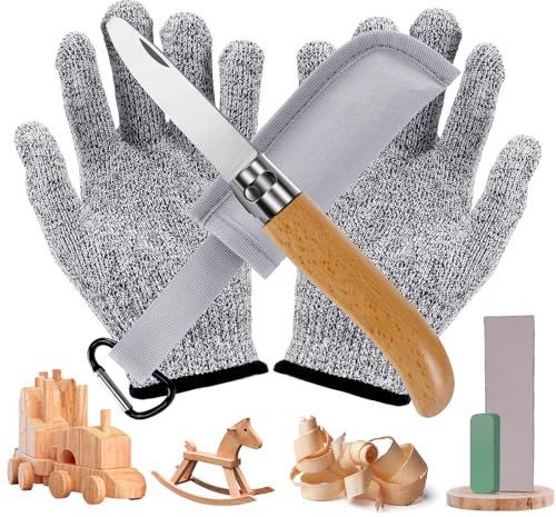 Zikenis Coltello da Intaglio per Bambini dai 6 Anni in su - Set di Alta Qualità con Manico in Legno, Pieghevole da Esterno con Guanti
