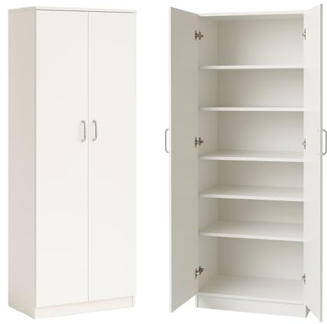 eacommerce - Armadio Multiuso con 2 Ante | 5 Ripiani | Stile Moderno in Legno Melaminico | Chiusura Rallentata, Maniglie Cromo Satinate | Per Ingresso Garage Ripostiglio - Colore Bianco