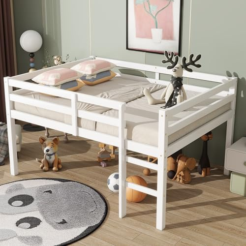KEIKI Full Loft Bed with Ladder & Guardrails, Low Bed Frame with Storage Space, Rubberwood Loft Bed Frame for Kids Boys Girls Teens, White