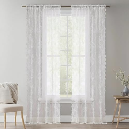 NAKIHOUSE Lace Voile Curtain, 63 Drop White Lace Net Curtains for Windows | Slot Top Light Filtering Floral Sheer Curtains for Living Room Bedroom Closet Door Kitchen Bathroom W52xL63 Inch (132x160cm)