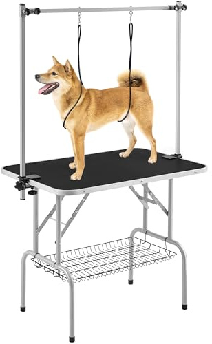 Yaheetech 91cm Pet Dog Grooming Table Height Adjustable Dog Beauty Table for Large Small Dogs w/Storage Basket/Noose Tools 164cm High Black