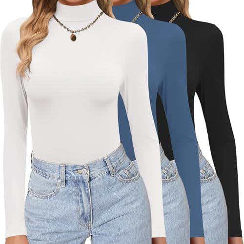 Ekouaer Women 3 Pack Long Sleeve Tops Turtleneck Thermal Black+Blue+White M