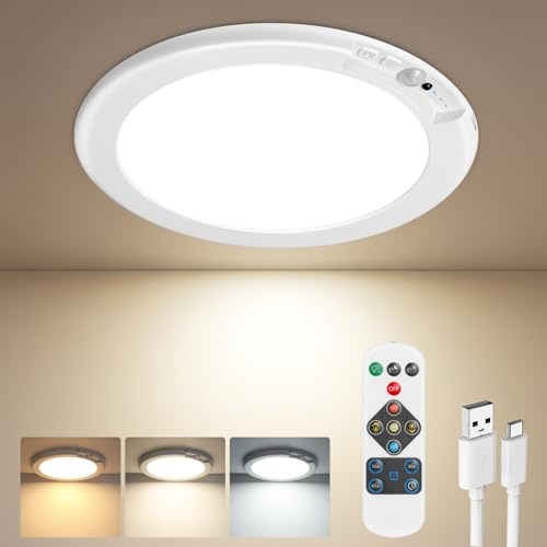 Demkia Ceiling Lights Motion Sensor, 6000mAh Rechargeable Bathroom Light with Remote, Magnetic Wireless Flush Ceiling Light, 3000K/4500K/6000K 3 Color Temperature for Bathroom, Kitchen and More