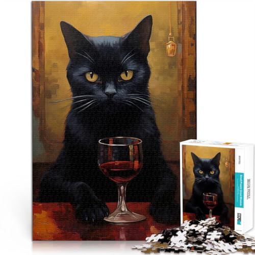 1000 Piece Jigsaw Puzzles for Adults Black Cat with Wine Herausfordernd Schwierig Geburtstagsgeschenk, Geschenke38x26cm