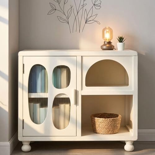 Ya-Home Storage Cabinet Stylish Small Side Cabinet with Wooden Legs, Accent Sideboard with Open Shelf for Living Room, White