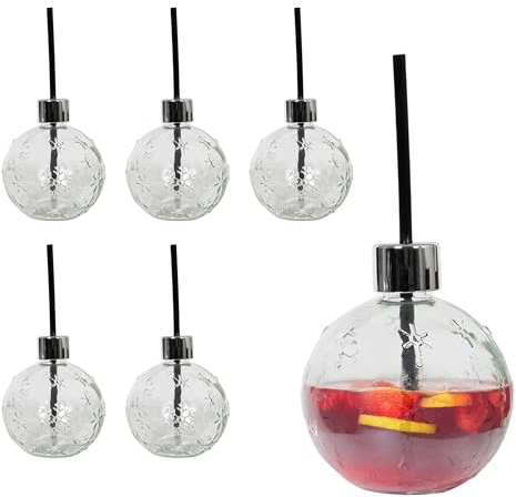Spetebo Christbaumkugel Trinkglas 400 ml mit mehrfach wiederverwendbarem Trinkhalm - 6er Set - Weihnachtskugel Schneeflocken Punsch Glas mit Mehrweg Strohhalm - Design Punschglas Getränke Glas