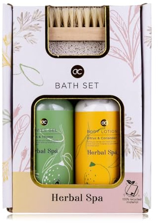 Accentra badset HERBAL SPA i presentförpackning, 100 ml duschgel, 100 ml kroppslotion, nagelborste med pimpsten, gåva av återvunnet material för kvinnor, alla hjärtans dag, mors dag