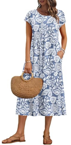 AUSELILY Women's Summer Short Sleeve Midi Dresses Loose Dress with Pockets | Cap Sleeves, A-line, Empire Wasit, Shift Long Dress