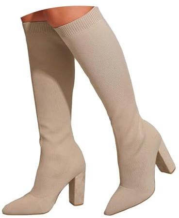 Botas altas hasta la rodilla para mujer, de invierno, informales, color sólido, tacón grueso, punta puntiaguda, botas largas y altas, ligeras, elásticas, de punto, tacones altos, cómodas, beige, 39 EU