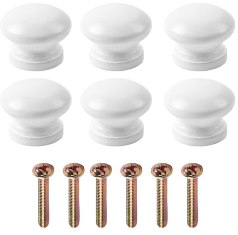 Naseom 6 Pièces Boutons de Meuble Bois, Poignée Meuble Bois, Naturel Poignée de Tiroir Ronde en Bois, Boutons de Portes pour Placards, Boutons D'armoire avec Vis pour Chambre Cuisine Bureau (Blanc)