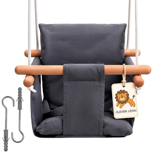 Clever Leon Columpio para bebés y niños – Columpio de interior de 100% algodón y madera de haya – Cinturón de seguridad – Ajustable en altura – hasta 30 kg – Cojín gris