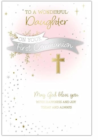 Daughters First Holy Communion Card with Insert - Silver Foil Banner & Gold Foil Cross 9x6