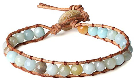 COAI Bracciale Regolabile Realizzato a Mano in Pelle e Pietre Benefiche Narurali in Amazzonite