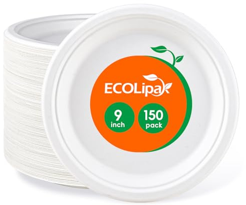ECOLipak 9 inch 150 Pack Compostable Paper Plates, Heavy Duty Disposable Biodegradable Eco-friendly Sugarcane Bagasse Plates for Party Dinner
