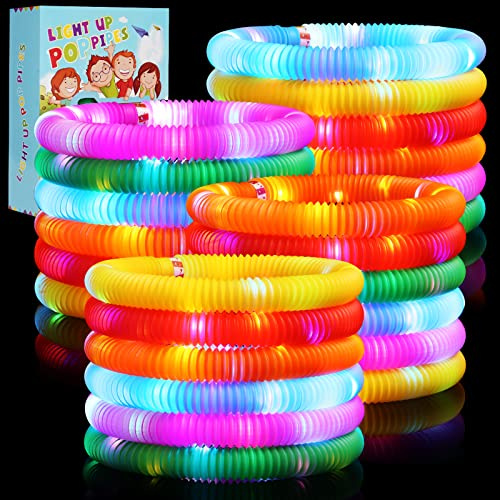 SCIONE 24 Pack Pop Tubes Lumineux Fidget Jouets Sensoriels de Tuyau pour Enfant Jouets Motricité Fine de Tout-Petit Pop LED Bâtons Lumineux Party Favours Fournitures de Fête Lumineuses Cadeau de Noël