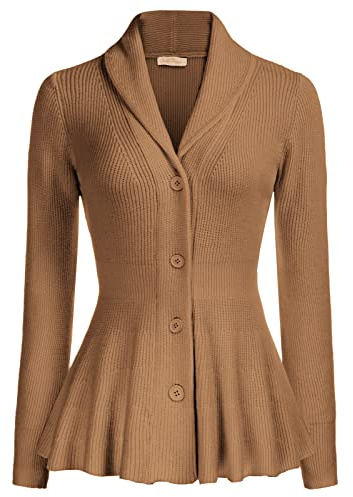 Belle Poque Women Button-up Cardigan Elegant V Neck Long Sleeves Peplum Knit Cardigan Khaki L