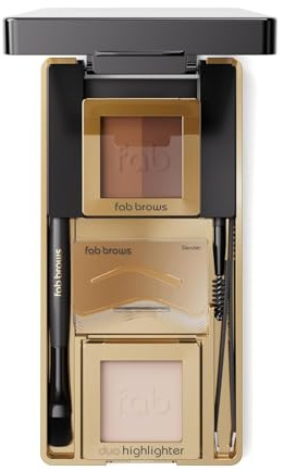 Fab Brows LUX Duo Stencil Eyebrow Kit - The Ultimate Brow Stencil Kit with Duo Brow Powder, Highlighter Powder, Stencil Shapes, Eyebrow Tools & Mirror - Eyebrow Stencil Kit Makeup - Dark Brown/Choco
