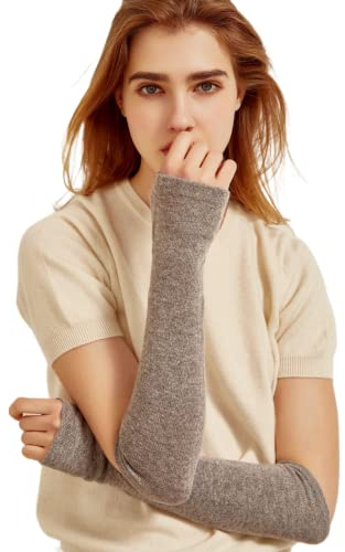 Prettystern Damen Arm-Wärmer Lang-Arm-Stulpen 100% Kaschmir Fingerlose Pulswärmer 2-lagig Rand Grau