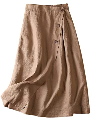 loveimgs Women's Summer Linen Button Front Elastic High Waist Swing A Line Midi Skirt (Large, Khaki)