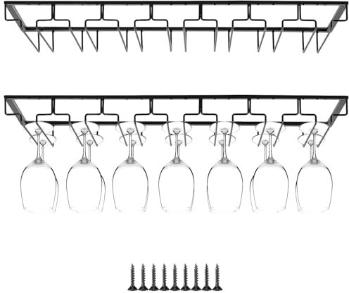 QWORK® 2 pezzi porta bicchieri sospesi, portabicchieri da vino a 7 file, appendiabiti per bicchieri da vino in metallo, per cucina da bar, nero